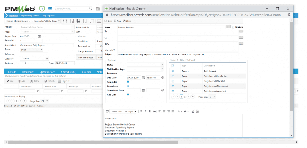 PMWeb 7 Forms Daily Reports Notification 