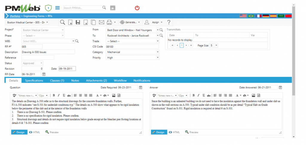 PMWeb 7 Engineering Forms RFIs