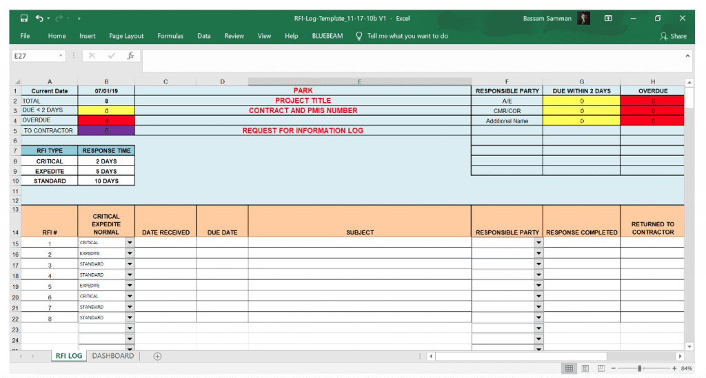 PMWeb 7 RFI Log Template 