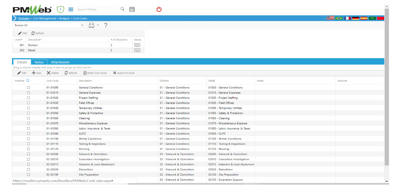 PMWeb 7 Costs Managment Budgets Cost Codes