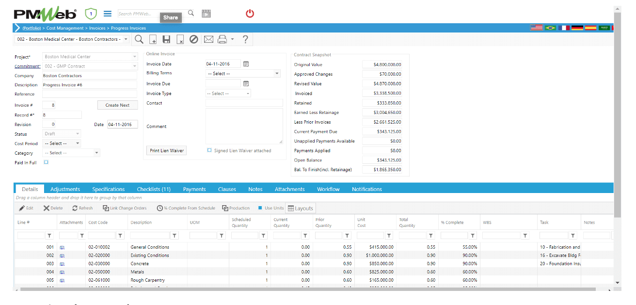 PMWeb 7 PMWeb 7 Cost Managment Invoice Progress Invoices