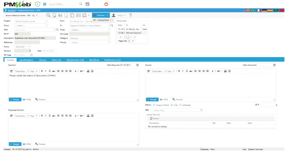 PMWeb 7 Engineering Forms RFIs