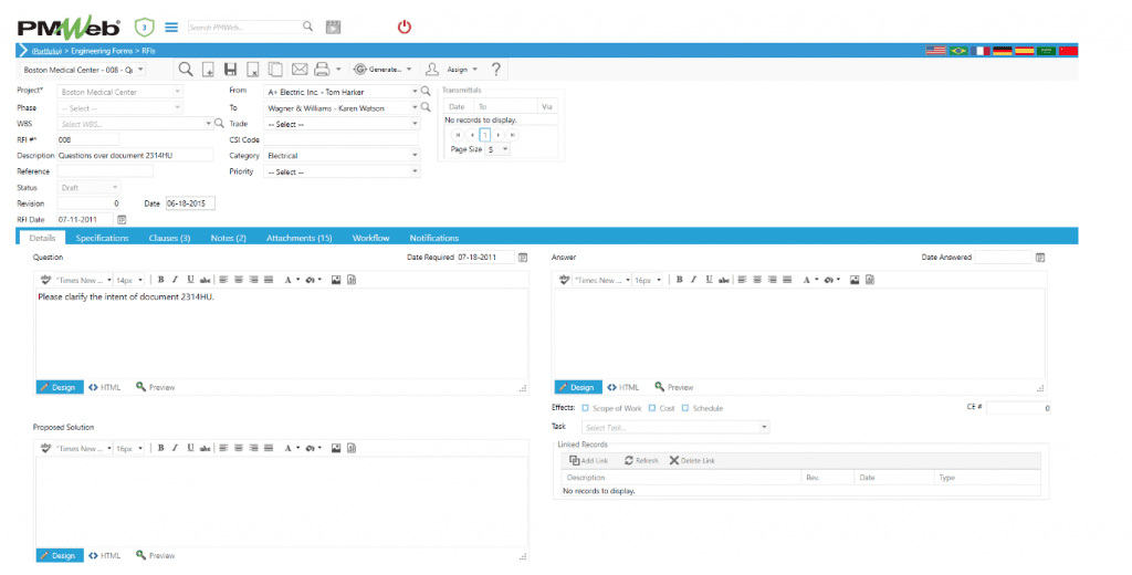 PMWeb 7 Engineering Forms RFIs