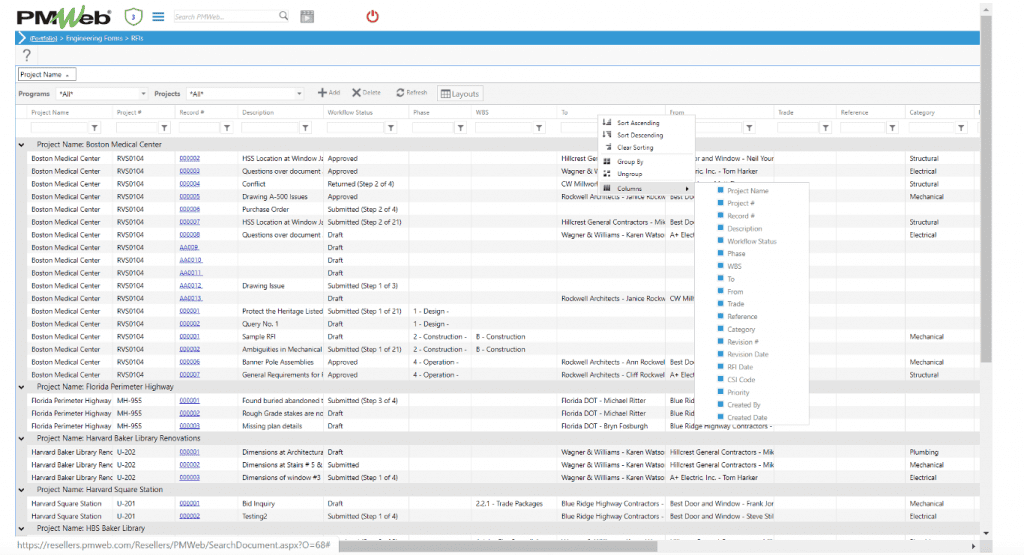 PMWeb 7 Engineering Forms RFIs