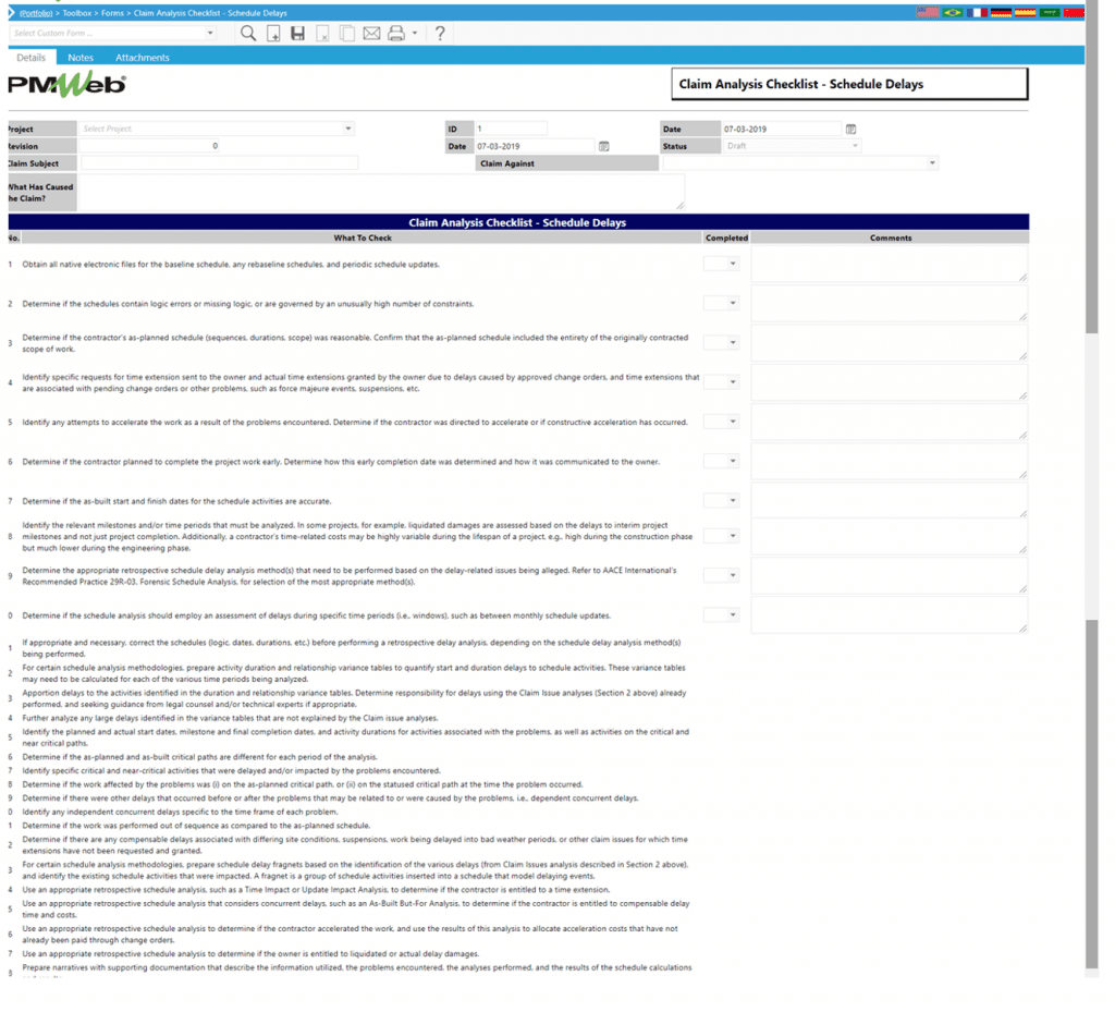 PMWeb 7 Toolbox Forms Claim Analysis Checklist Schedule Delays