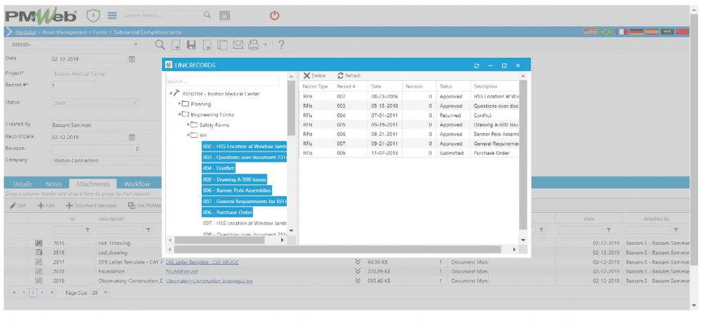 PMWeb 7 Asset Managment Forms Substantial Completion Letter Link Records 