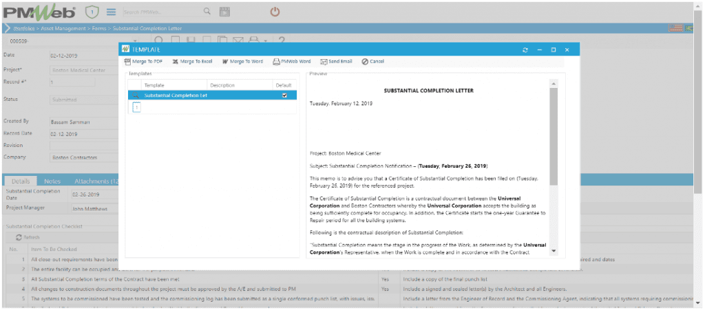 PMWeb 7 Asset Managment Forms Substantial Completion Letter Template