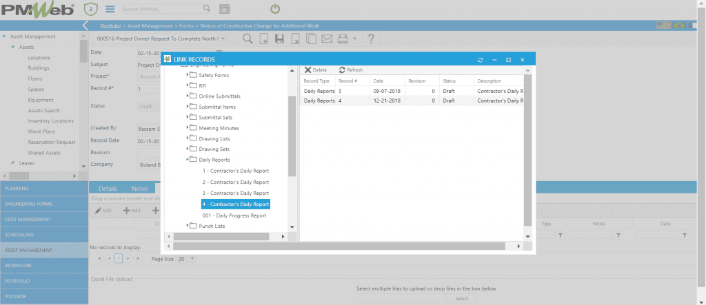 PMWeb 7 Asset Managment Forms Notices of Constructive Change for Additional Work Link Records