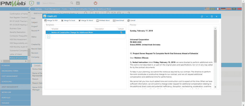 PMWeb 7 Asset Managment Forms Notices of Constructive Change for Additional Work