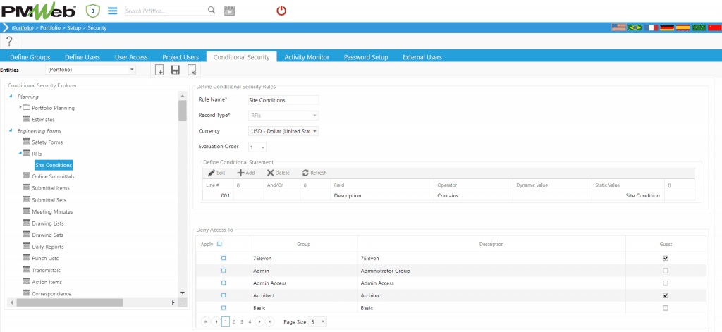 PMWeb 7 Portfolio Setup Security Conditional Security 