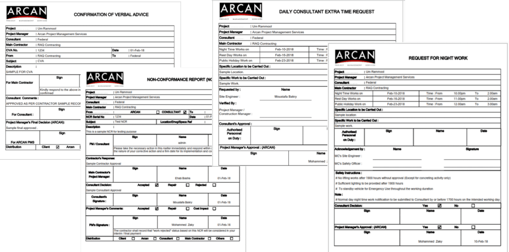 PMWeb 7 Confirmation of Verbal Advice, Daily Consultant Extra Time Request, Request for Night Work  