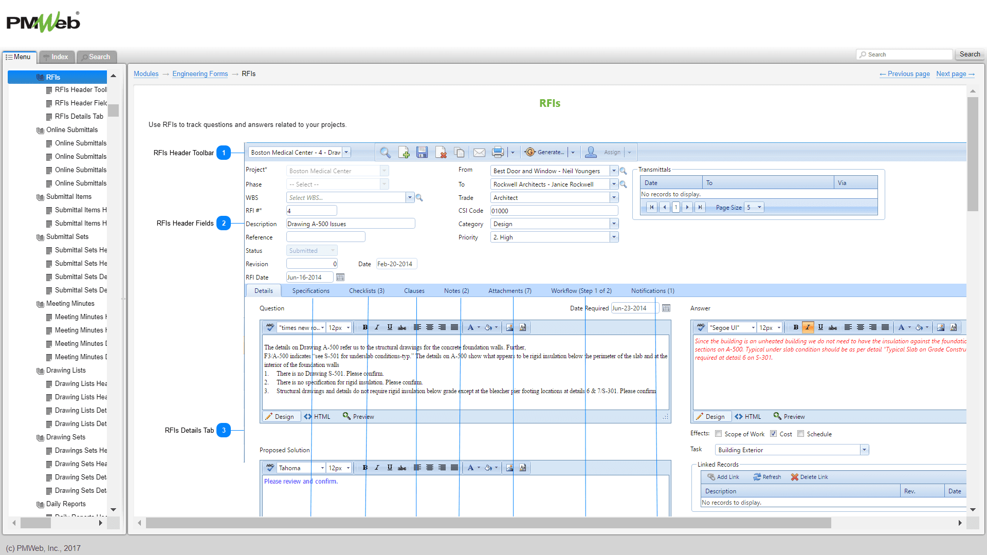 PMWeb 7 Menu Modules Engineering Forms RFIs