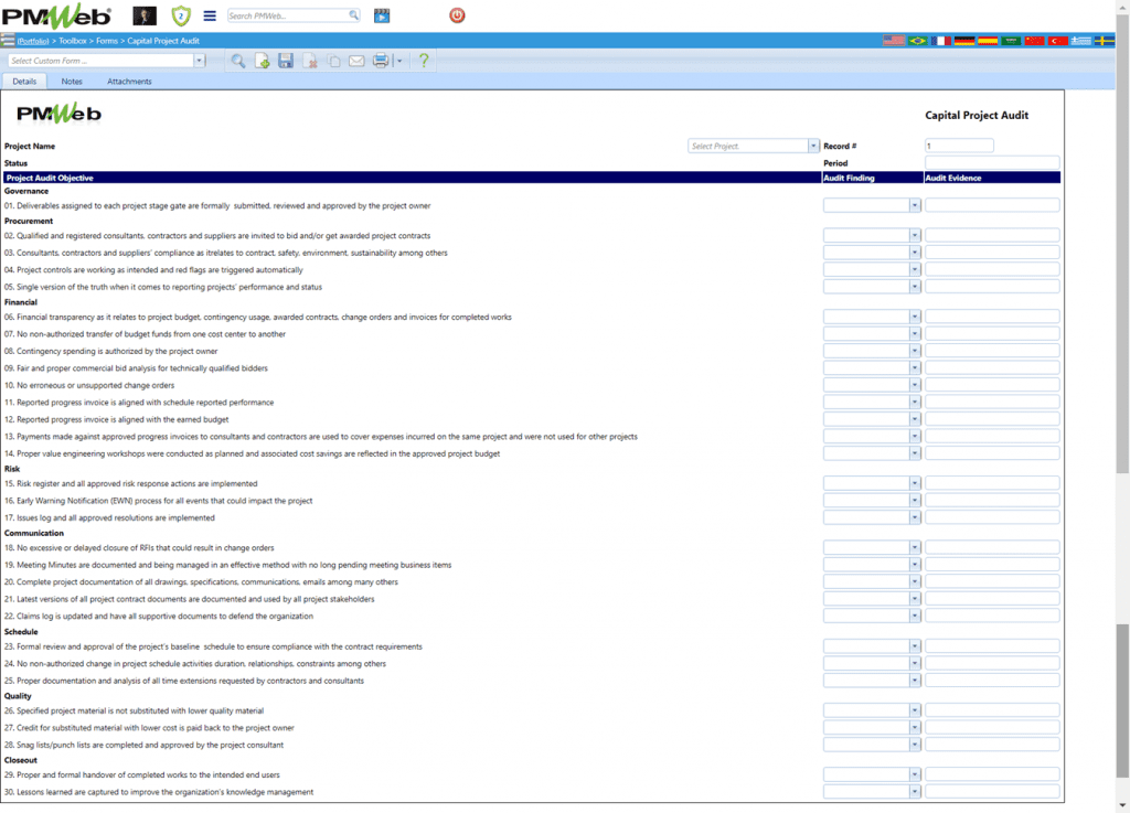 PMWeb 7 Toolbox Forms Capital Project Audit 