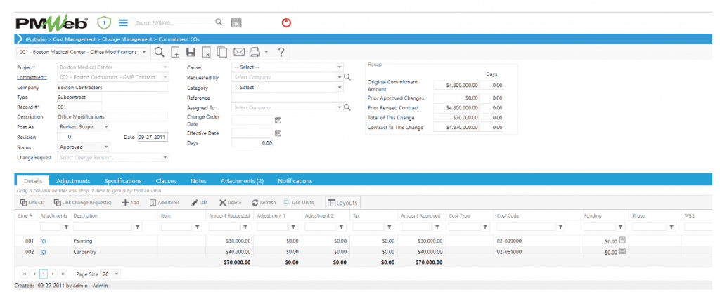 PMWeb 7 Cost Managment Change Managment Commitments COs