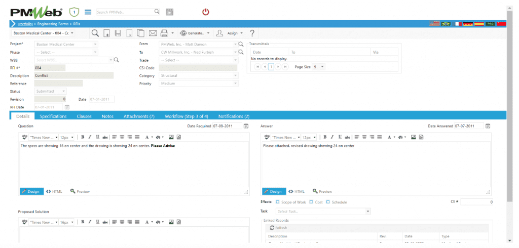 PMWeb 7 Engineering Forms RFIs