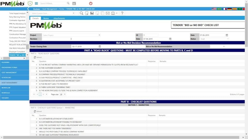 PMWeb 7 Asset Managment Forms Tender Bid or no Bid  Checklist 