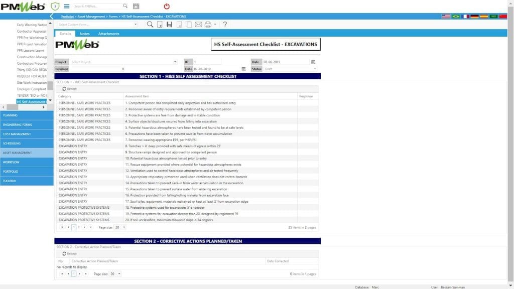 PMWeb 7 Asset Managment Forms H&S Self Assessment Checklist 