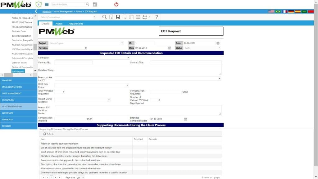 PMWeb 7 Asset Managment Forms EOT Request 