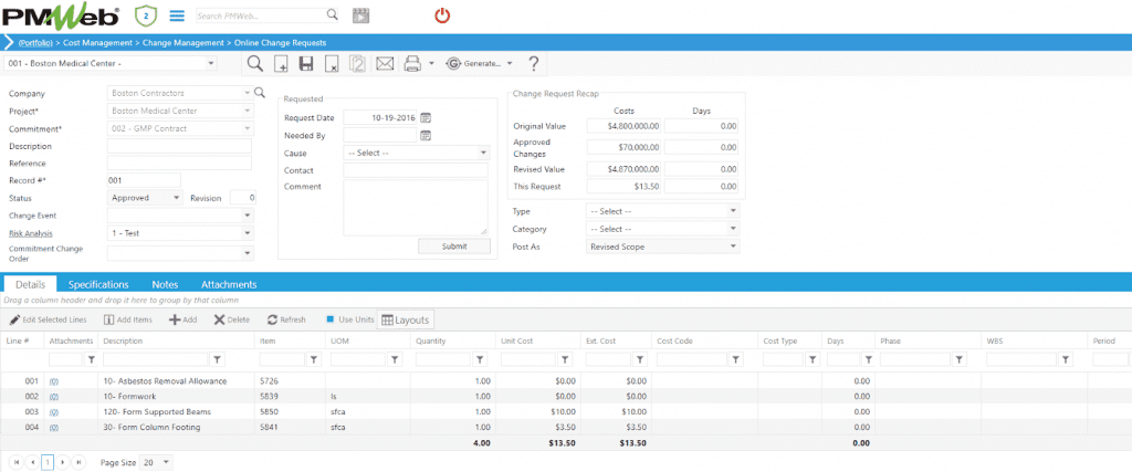 PMWeb 7 Cost Managment Change Managment Online Change Request 