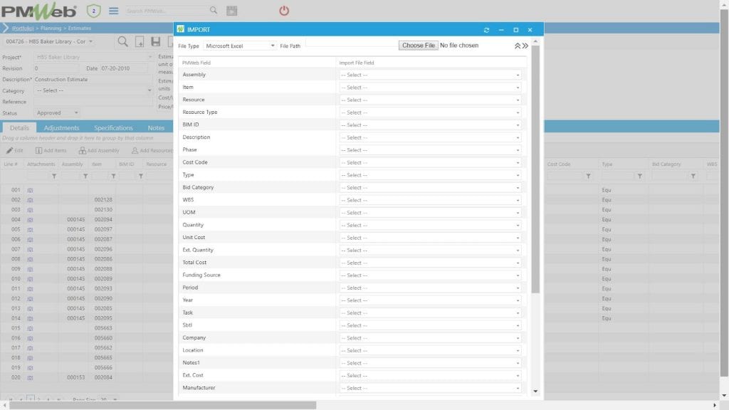 PMWeb 7 Planning Estimates Import 