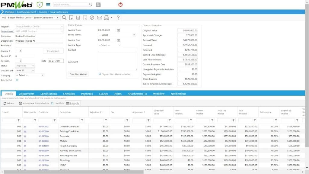 PMWeb 7 Cost Managment Invoice Progress Invoices