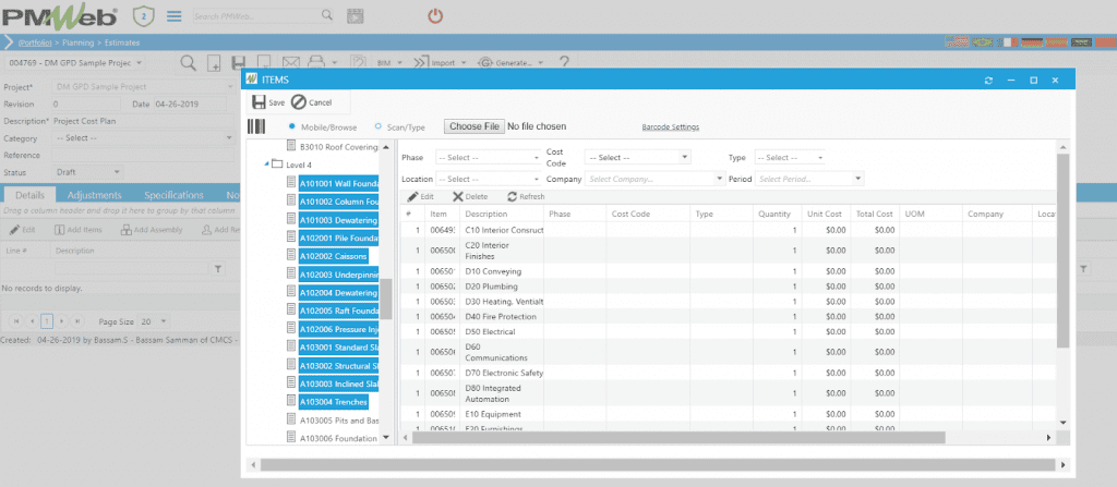 PMWeb 7 Planning Estimates Items 