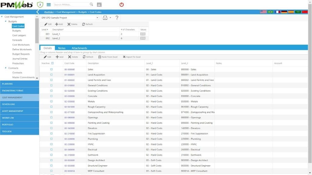 PMWeb 7 Cost Managment Budget Cost Codes 