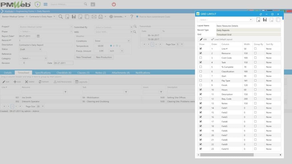 PMWeb 7 Engineering Forms Daily Reports Grid layout 