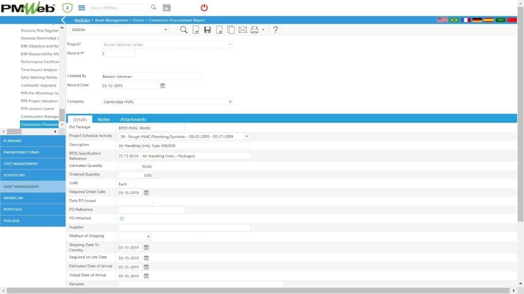 PMWeb 7 Asset Managment Forms Contractor Procurement Report 