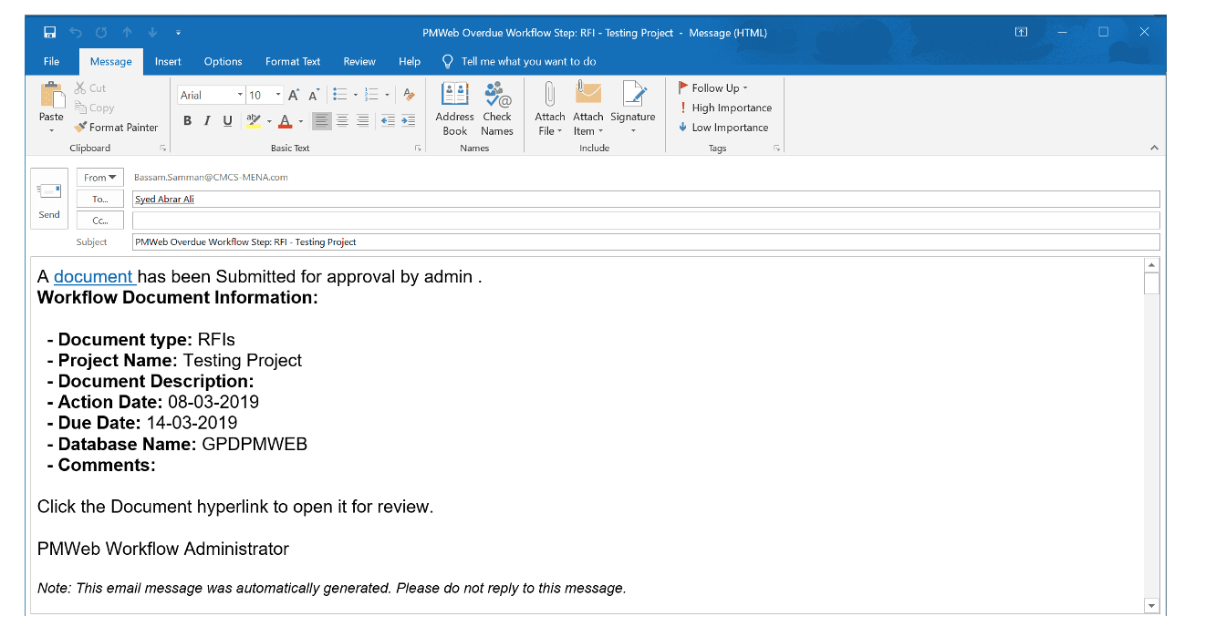 PMWeb 7 Overdue Workflow Setup RFI Testing Project - Message (HTML)