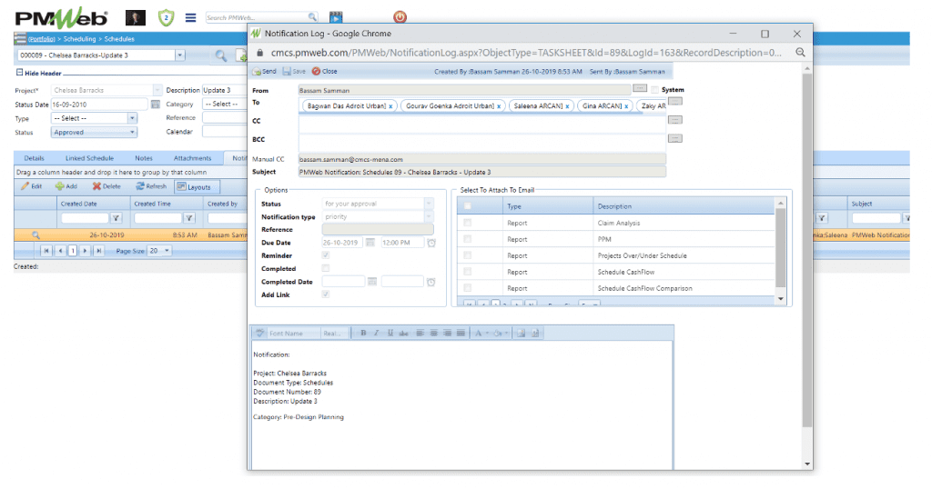 PMWeb 7 Scheduling Schedules Notification Log 