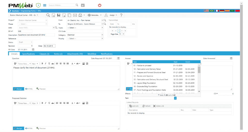 PMWeb 7 Engineering Forms RFIs Details 