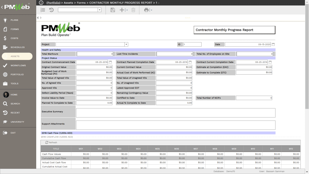 PMWeb 7 Assets Forms Contractor Monthly Progress Report