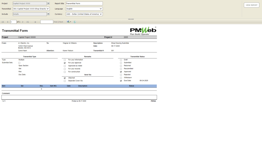 PMWeb 7  Transmittal Form 