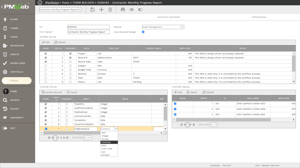 PMWeb 7 Tools Form Builder Contractor Monthly Progress Report