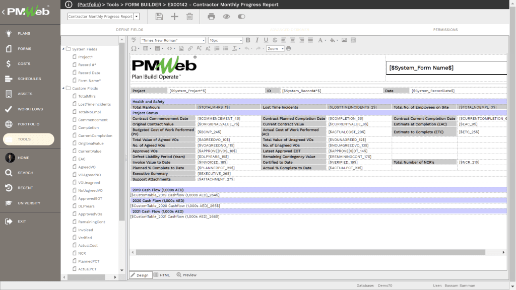 PMWeb 7 Tools Form Builder Contractor Monthly Progress Report