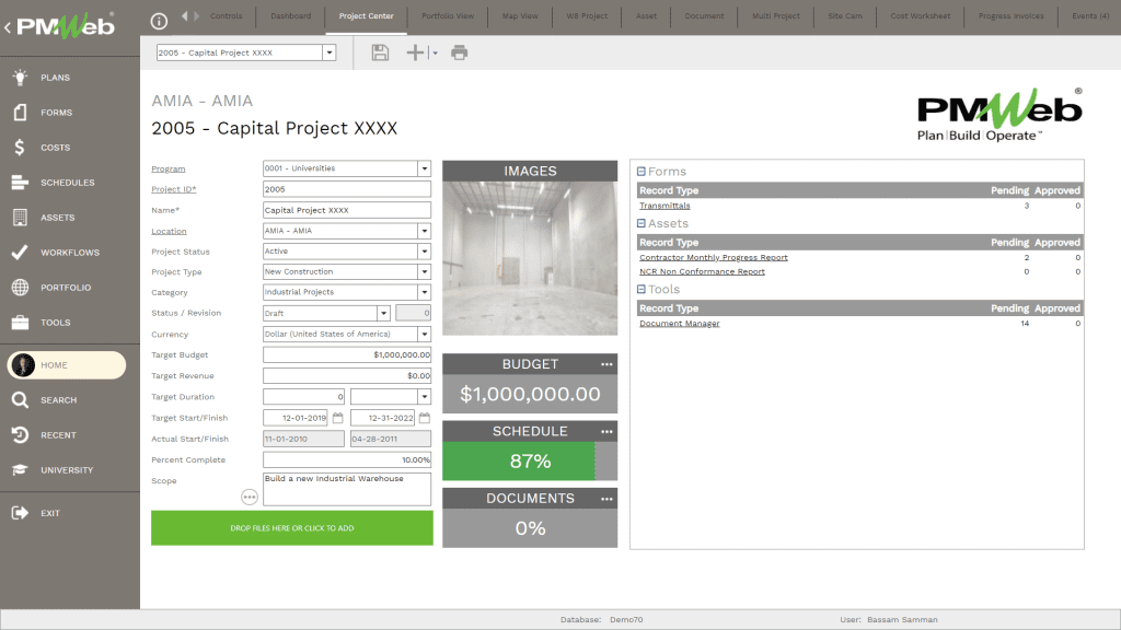 PMWeb 7 Home Project Center Registers