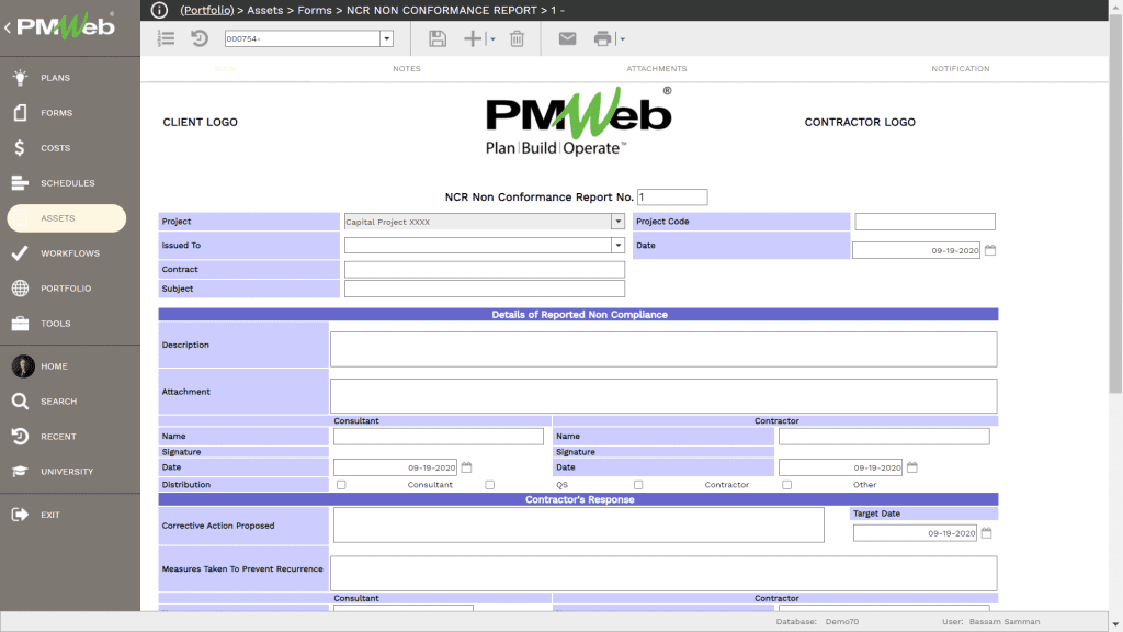 PMWeb 7 Assets Forms NCR Non Conformance Report Registers