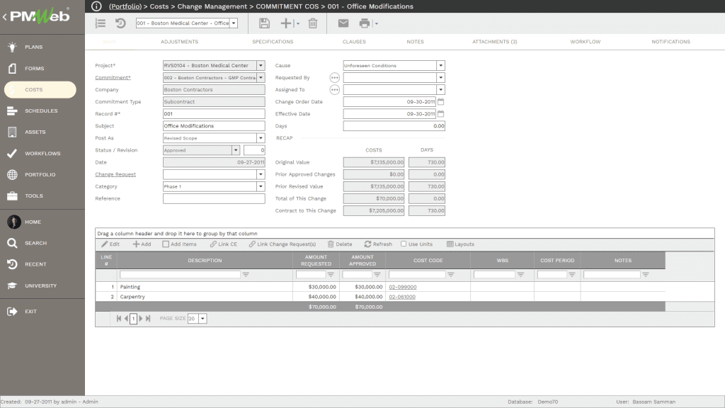 PMWeb 7 Costs Change Management Commitment COS