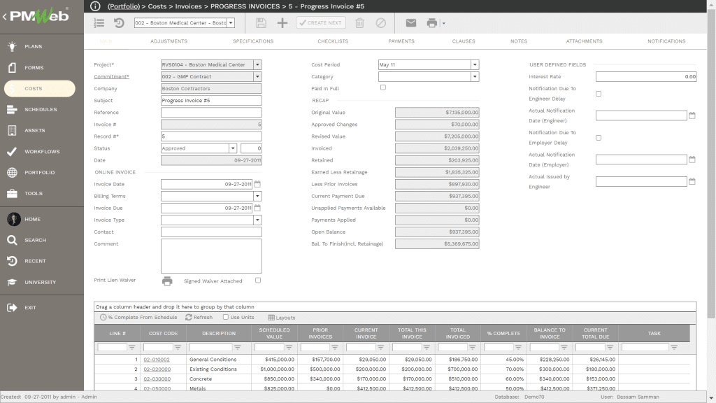 PMWeb 7 Progress Invoices of Awarded Contracts