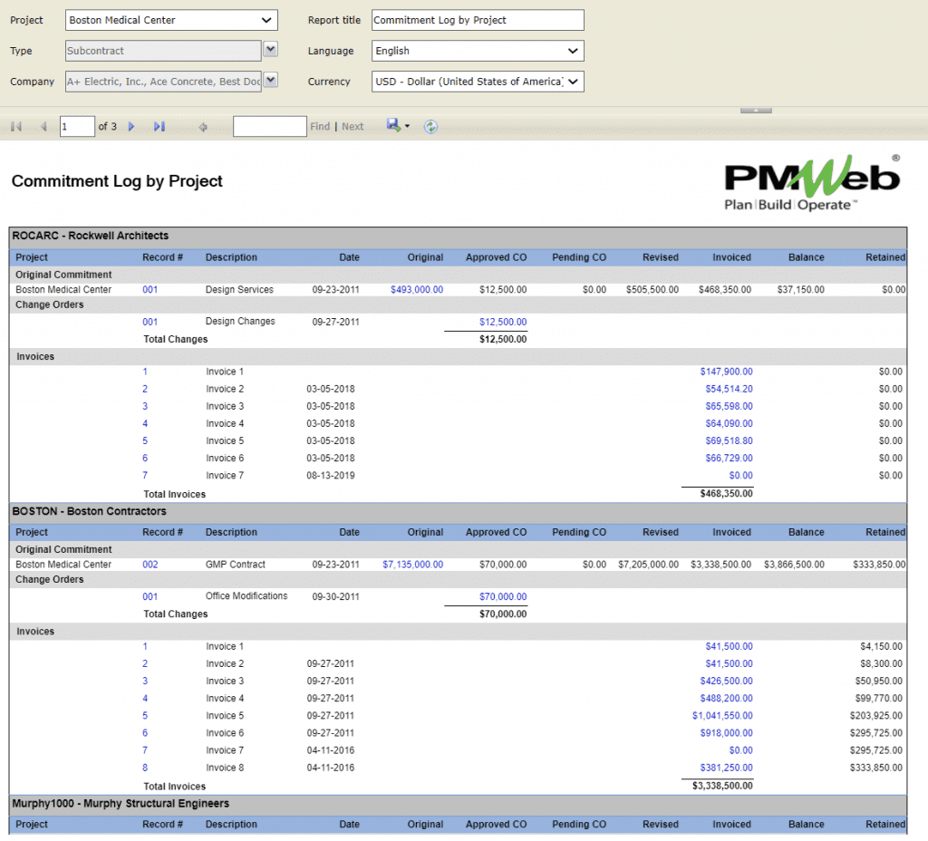 PMWeb 7 Commitment Log by project of Awarded Contracts