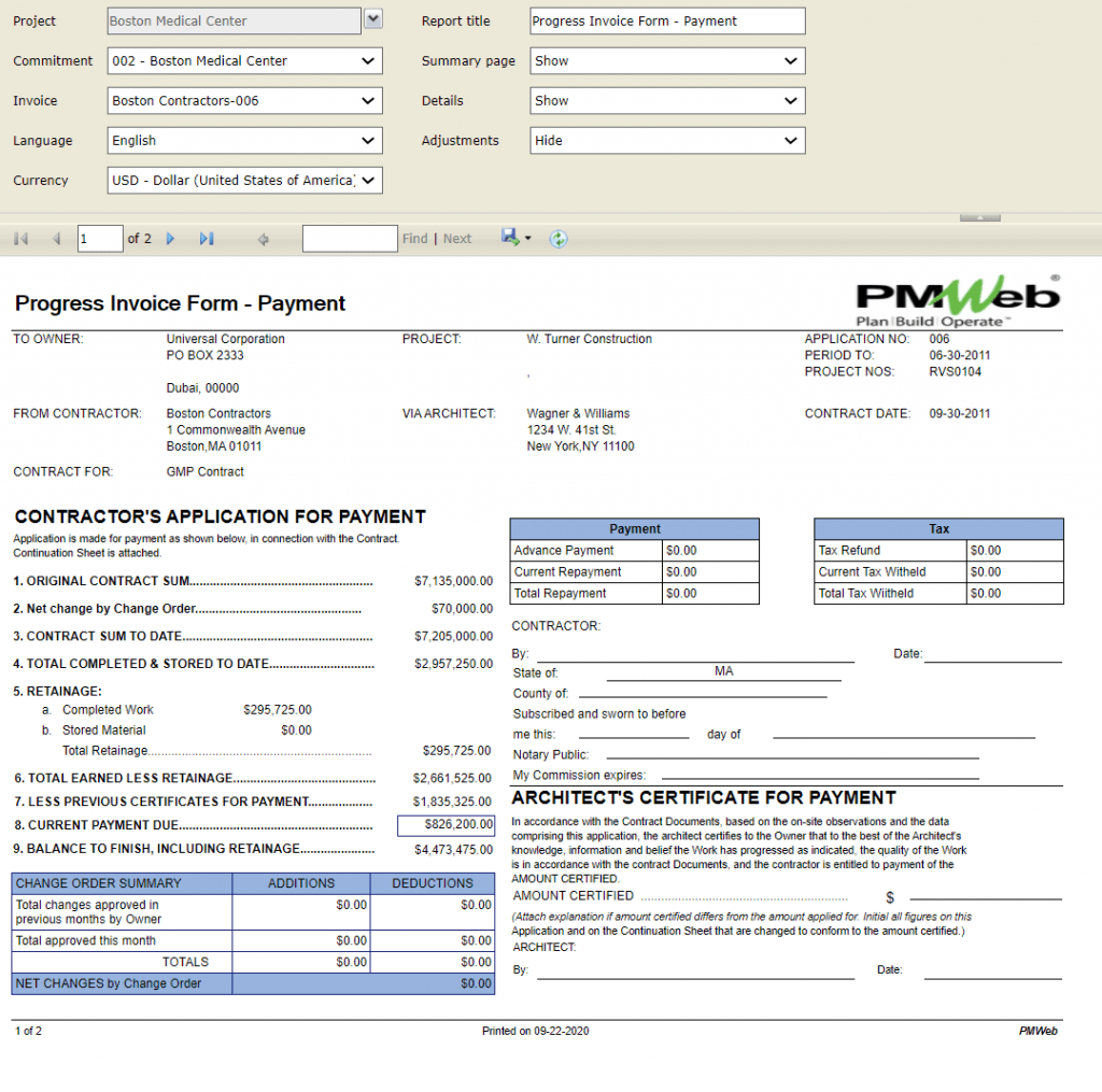 PMWeb 7 Progress Invoice Form Payment used for building the Earned Value Management Report