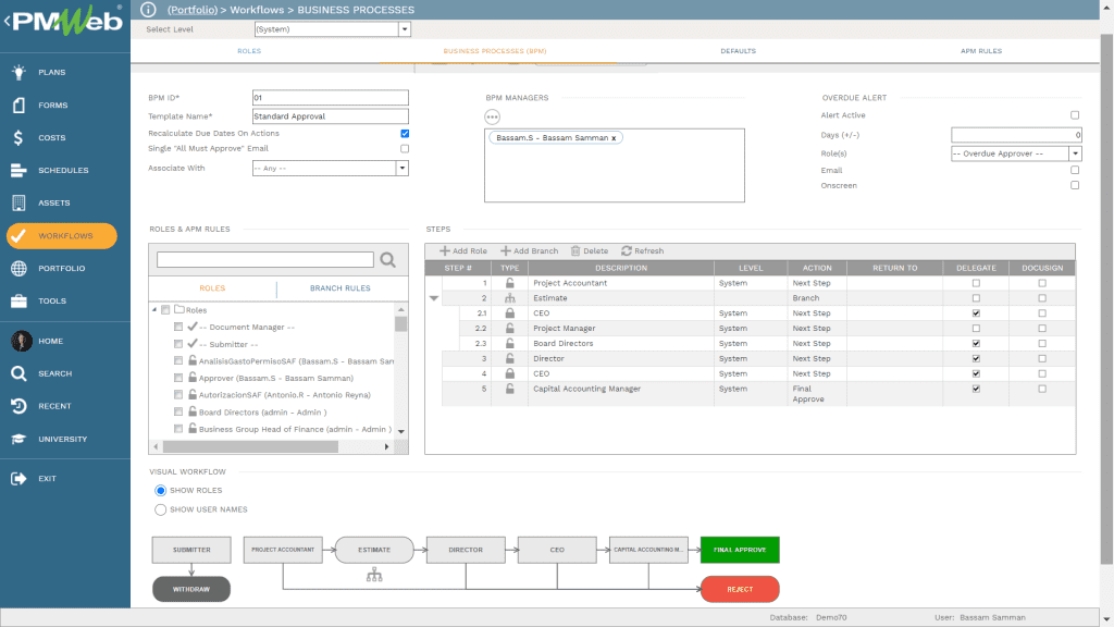 PMWeb 7 Workflow Business Processes  for building the Earned Value Management Report