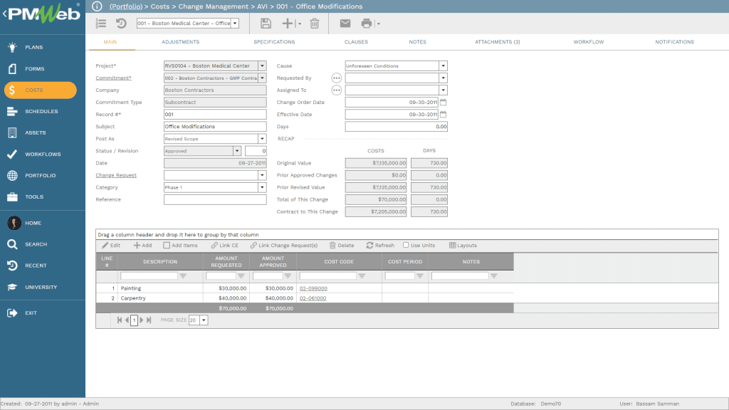 PMWeb 7 Costs Change Management Online Change Request for building the Earned Value Management Report