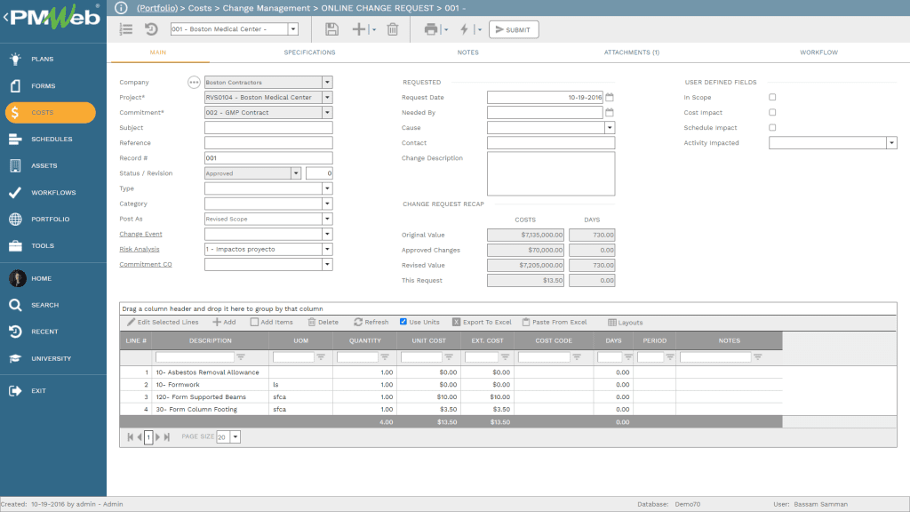 PMWeb 7 Costs Change Management Online Change Request for building the Earned Value Management Report