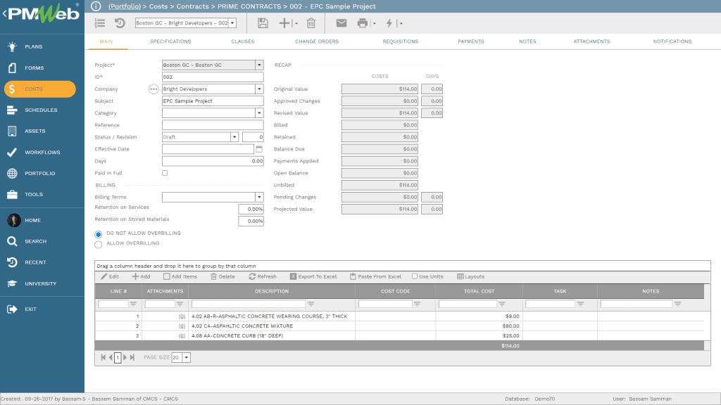 PMWeb 7 Costs Contracts Prime Contracts EPC Sample Project 