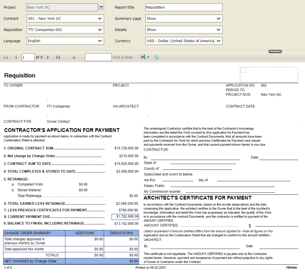 PMWeb 7 Requisition used for building the Earned Value Management Report