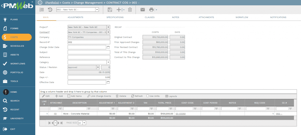 PMWeb 7 Costs Change Managment Contract Cos