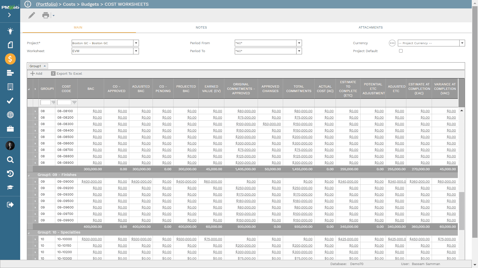 PMWeb 7 Costs Budgets Cost Worksheets tot track Planned Project Outcomes