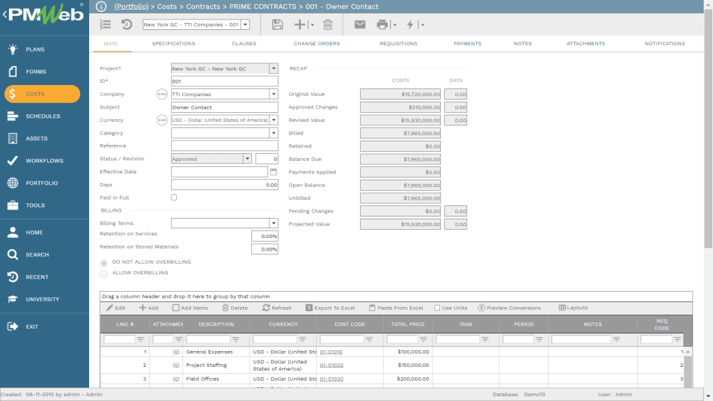 PMWeb 7 Costs Contracts Prime Contracts 